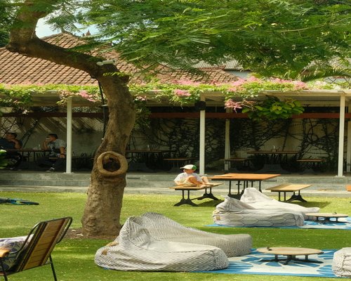 Elderly couple practicing light stretching exercises in a sunny Indonesian garden